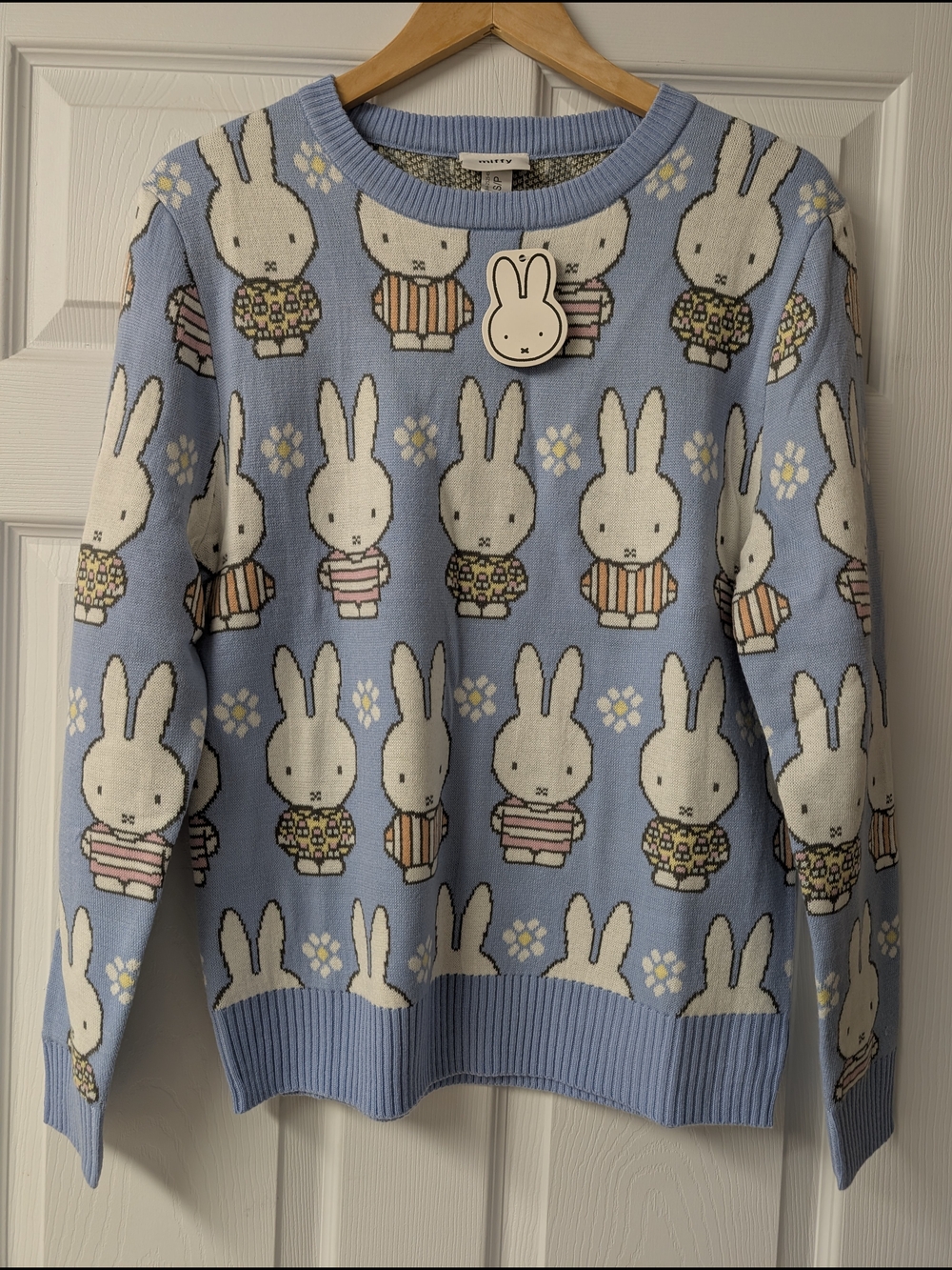 NWT Bluenotes x Miffy Bunny All-Over Print Knit Sweater Pastel Blue Size S Small